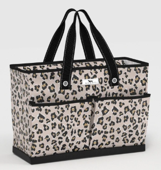 Leopard print tote bag with black handles 
