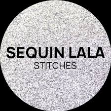 Sequin Lala Stitches logo with a glittery texture