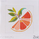Cross-stitched design of a sliced orange with leaves on a white background, featuring the brand 'Zoé'.