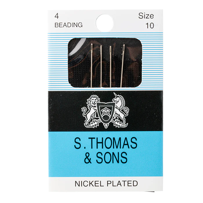 Pack of S. Thomas & Sons beading needles with brand logo and product details.