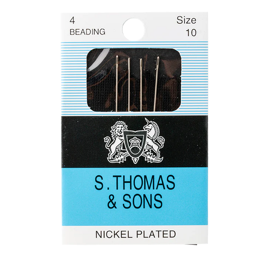 Pack of S. Thomas & Sons beading needles with brand logo and product details.