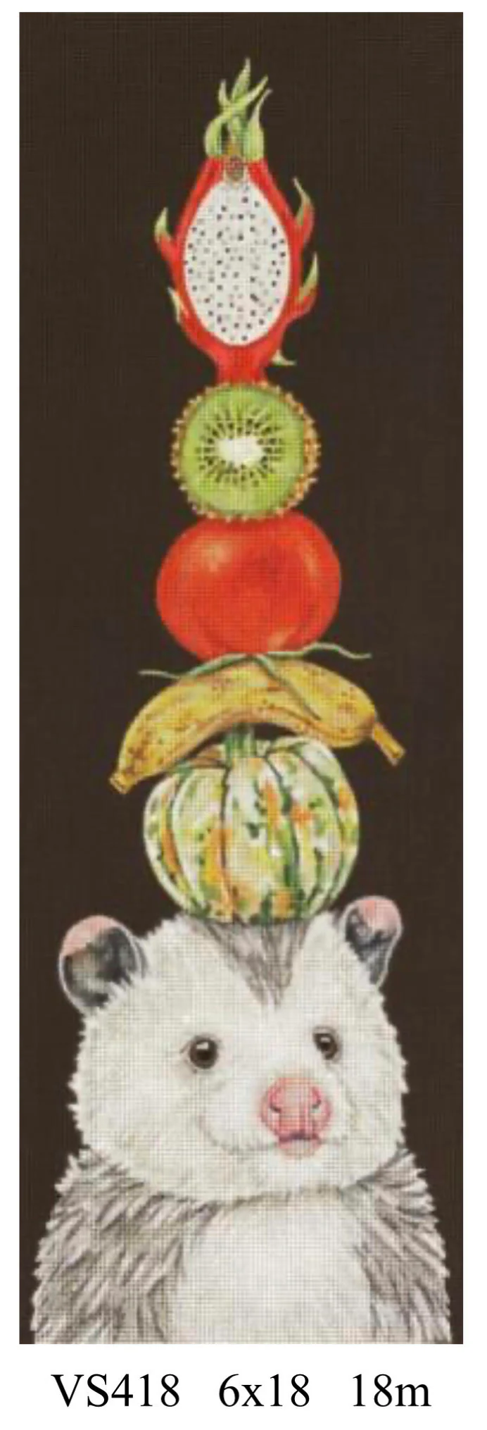 Opossum balancing fruits and vegetables on its head with a dark background