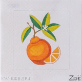 Illustration of an orange with leaves and a slice on a light gray background, brand 'Zoe' visible.