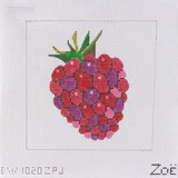 Cross-stitched raspberry on a white background with 'Zoé' branding.