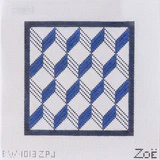 Cross-stitched pattern with blue and black geometric design on a white background