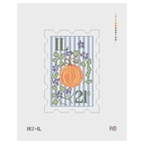 Orange pumpkin with green vines on a blue-and-white striped background