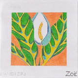 Decorative design with green leaves and a white center on an orange background, featuring the brand 'Zoe'.