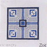 Decorative tile with geometric pattern in blue and white on a white background