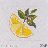 Cross-stitched design of a lemon with leaves on a white background