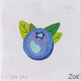 Embroidered blueberry with green leaves on a white background, brand 'ZOE' visible.