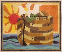 Noah's Ark scene with a brown ark, blue water, a red sun, and orange sky