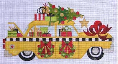 Festive yellow taxi Christmas needlepoint canvas