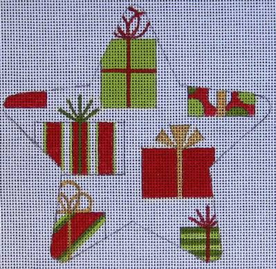 Festive star-shaped needlepoint canvas with colorful gift boxes