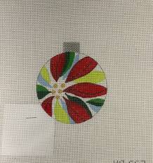 Circular Christmas needlepoint canvas with colorful candy cane design