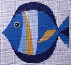 Blue fish needlepoint design with light blue and yellow accents