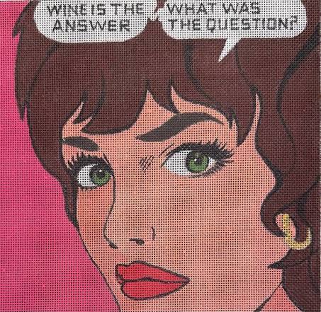 Comic-style woman with wine-themed speech bubbles on a pink background