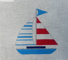 Sailboat with blue, red, and white striped sails on canvas