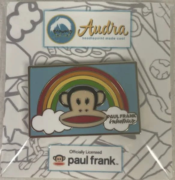 Paul Frank monkey pin with rainbow on a branded card